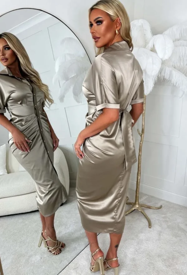 Women Z2 Dresses<Elegant Luxury Taupe Stretch Satin Button Ruched Midi Dress