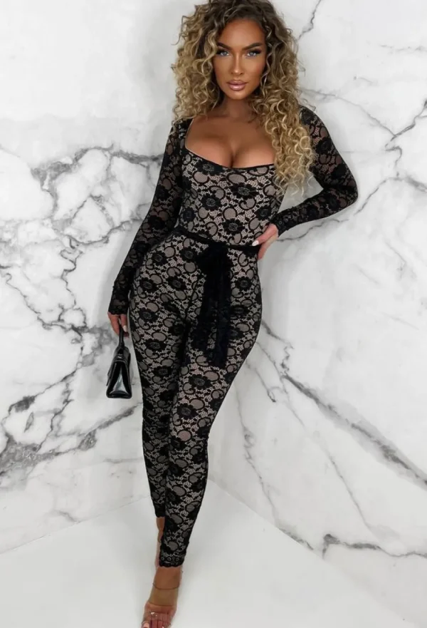 Women SOFT TOUCH Jumpsuits<Enchanting Elegance Black Fitted Belted Lined Lace Jumpsuit