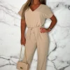 Women BE YOU Jumpsuits<Everyday Elegance Beige Elasticated Hem Belted Jumpsuit