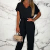 Women BE YOU Jumpsuits<Everyday Elegance Black Elasticated Hem Belted Jumpsuit