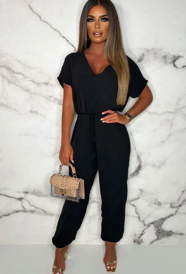 Women BE YOU Jumpsuits<Everyday Elegance Black Elasticated Hem Belted Jumpsuit