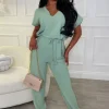 Women BE YOU Jumpsuits<Everyday Elegance Green Elasticated Hem Belted Jumpsuit