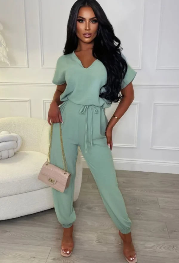 Women BE YOU Jumpsuits<Everyday Elegance Green Elasticated Hem Belted Jumpsuit