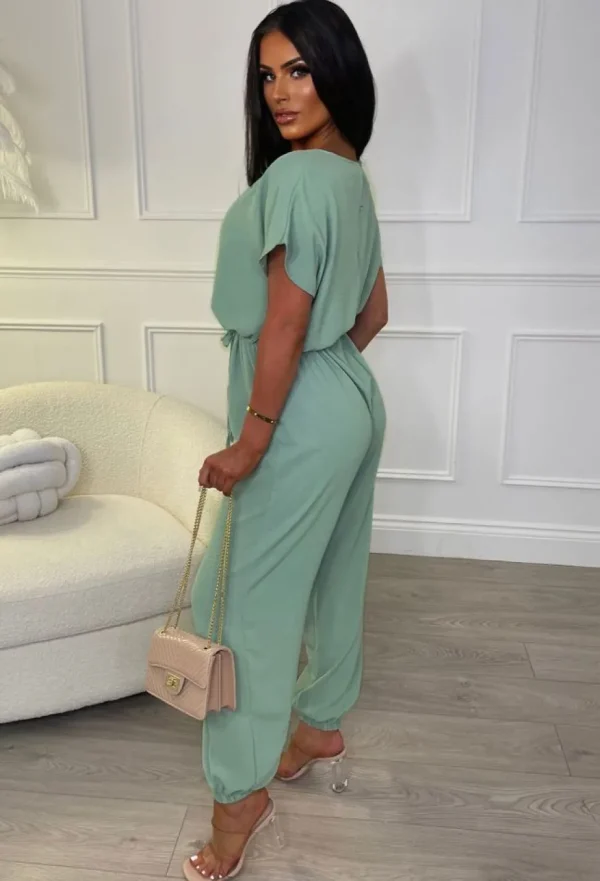 Women BE YOU Jumpsuits<Everyday Elegance Green Elasticated Hem Belted Jumpsuit