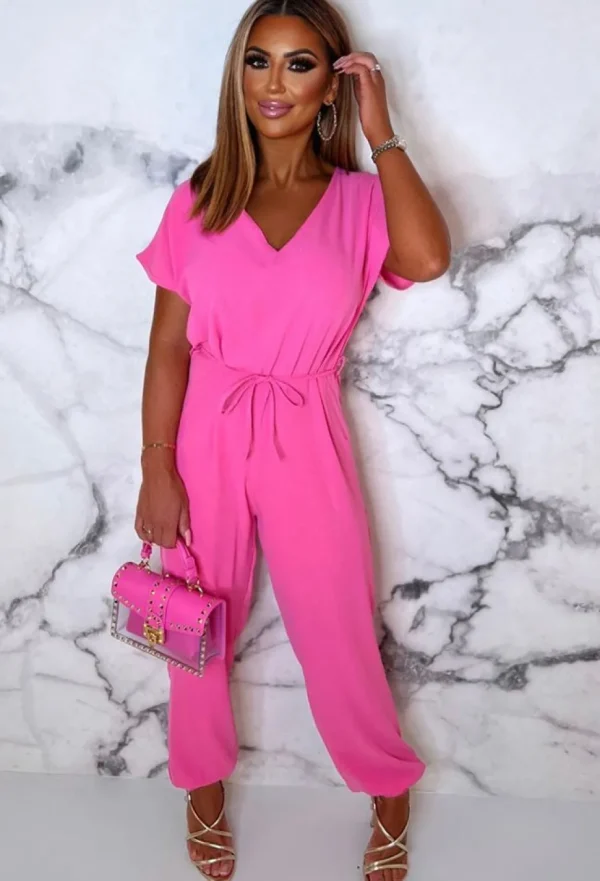 Women BE YOU Jumpsuits<Everyday Elegance Pink Elasticated Hem Belted Jumpsuit