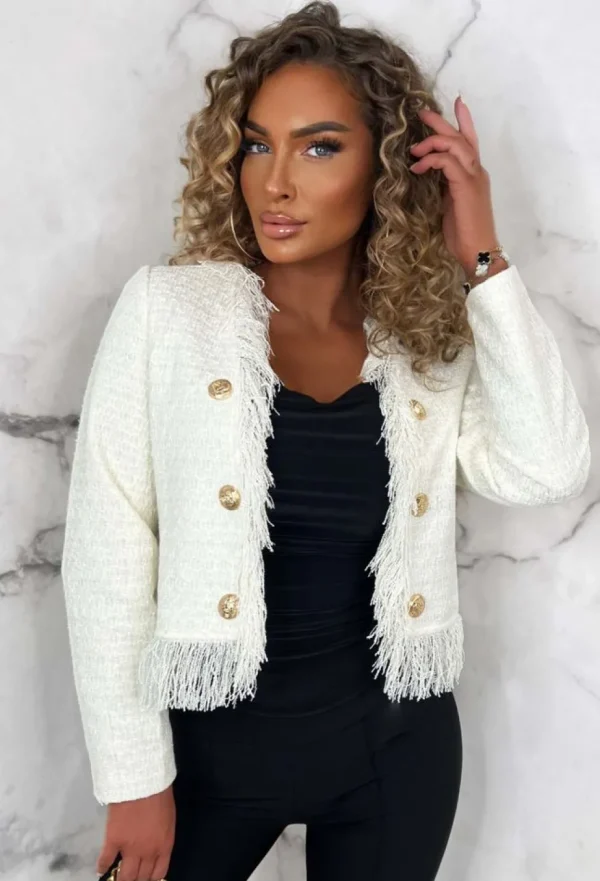 Women JUSDEPOM u0026 CO (SEE MOD) Coats And Jackets<Exclusively Chic Cream Tweed Collarless Tassel Cropped Jacket