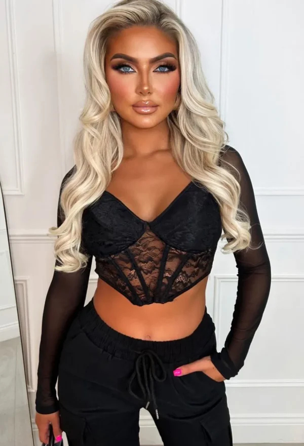 Women CHERRY KOKO Crop Tops & Bralets<Fall In Love Black Stretch Lace Sleeve Crop Top