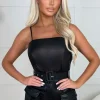 Women STYLEWISE Playsuits<Fashionista Fave Black Faux Leather Stretch Cargo Belted Skort Playsuit