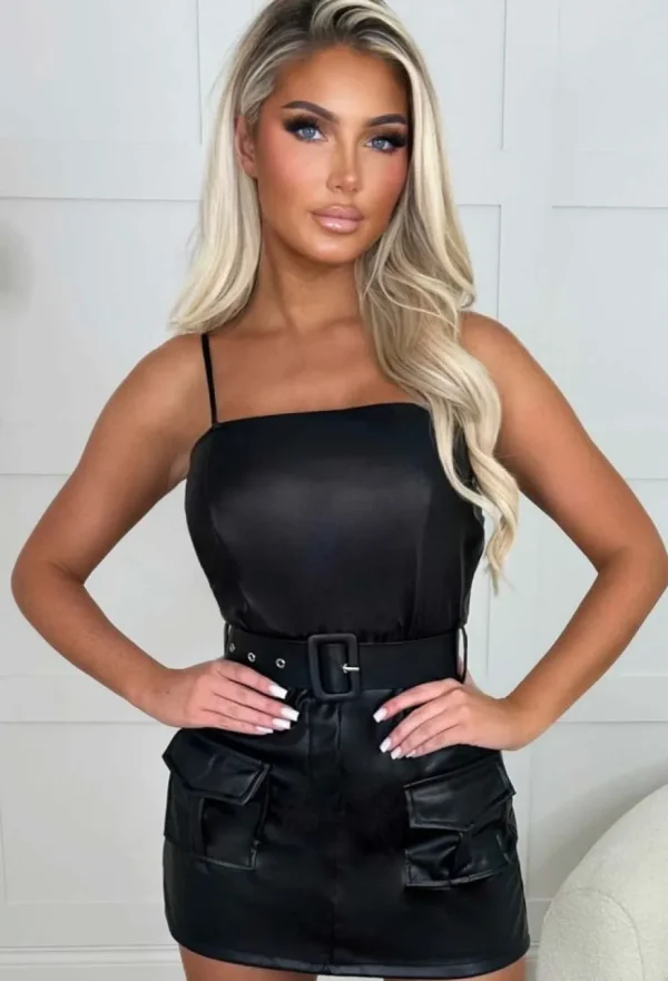 Women STYLEWISE Playsuits<Fashionista Fave Black Faux Leather Stretch Cargo Belted Skort Playsuit