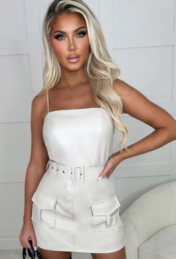 Women STYLEWISE Playsuits<Fashionista Fave Cream Faux Leather Stretch Cargo Belted Skort Playsuit