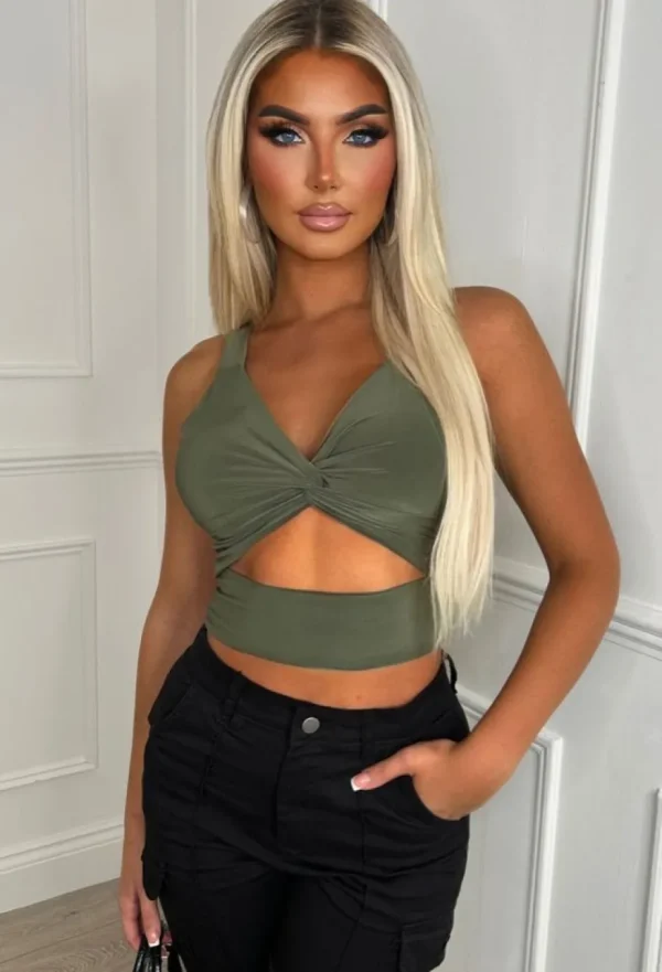 Women STYLEWISE Crop Tops & Bralets<Favourite Feeling Khaki Cut Out Crop Top