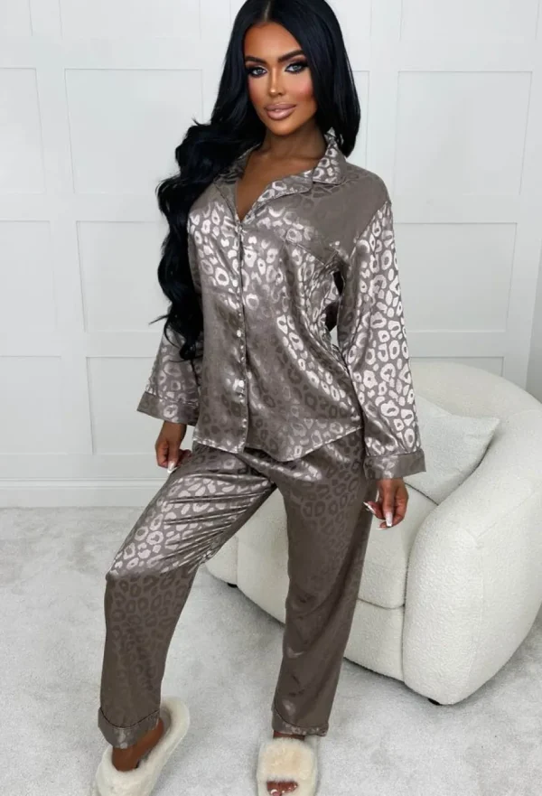 Women HNATALIE Nightwear<Fierce Romantic Taupe Leopard Print Satin Wide Leg Pyjama Set