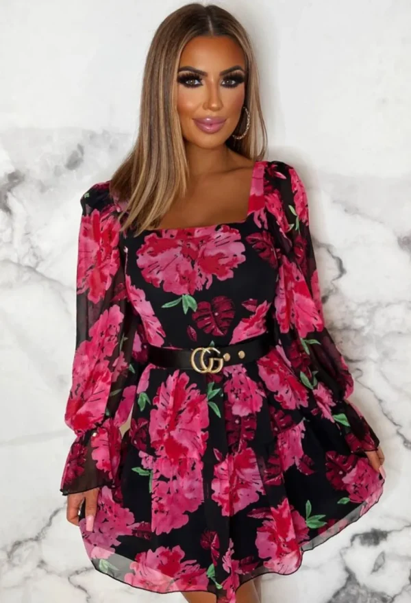 Women VJK Summer Dresses<Floral Bliss Black Long Sleeve Floral Mini Dress