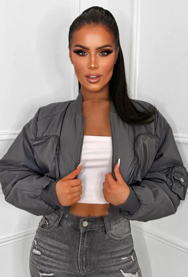 Women STYLEWISE Coats And Jackets<Flying Fantasy Charcoal Grey Nylon Cropped Bomber Jacket