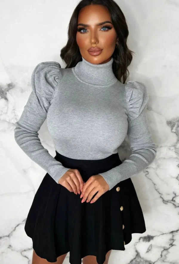 Women BE YOU Tops<Forever Cute Grey Roll Neck Puff Sleeve Jumper