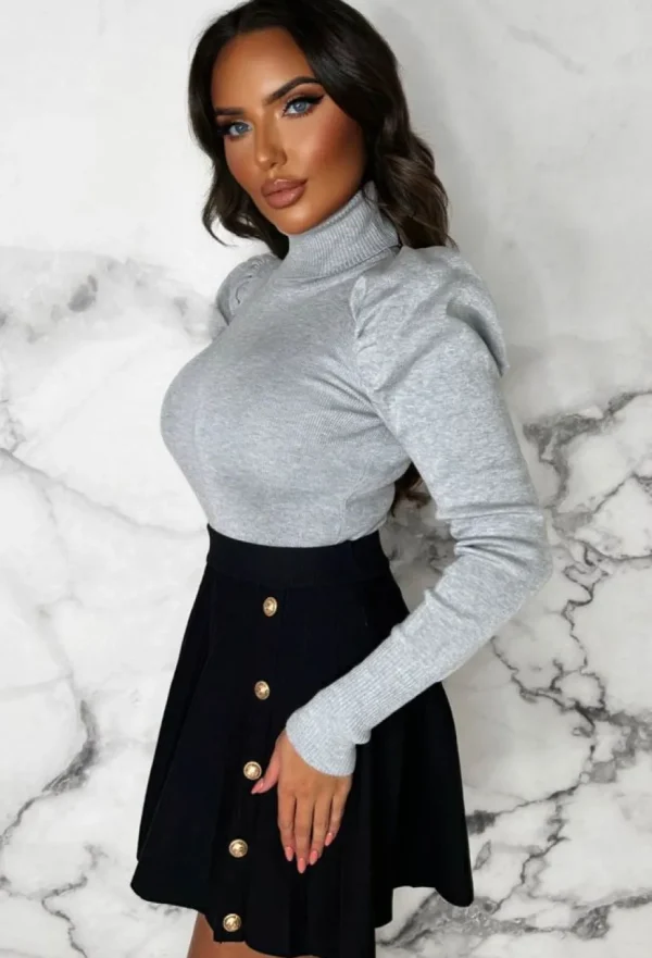 Women BE YOU Tops<Forever Cute Grey Roll Neck Puff Sleeve Jumper