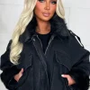 Women STYLEWISE Denim<Francesca Black Removable Faux Fur Trim Oversized Denim Jacket