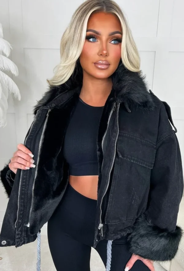 Women STYLEWISE Denim<Francesca Black Removable Faux Fur Trim Oversized Denim Jacket