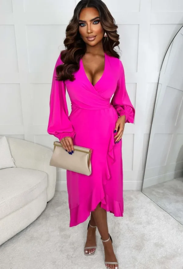 Women VJK Dresses<Frill Of You Pink Long Sleeve Frilled Wrap Style Maxi Dress