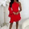 Women INSTA GIRL Dresses<Frilled Senorita Red One Sleeve Ruched Frill Hem Mini Dress