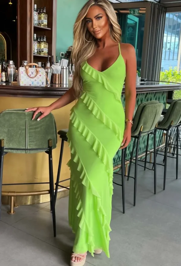 Women FP u0026 CO Summer Dresses<Frilling Temptation Green Frilled Lace Up Back Cami Maxi Dress