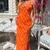 Women FP u0026 CO Summer Dresses<Frilling Temptation Orange Frilled Lace Up Back Cami Maxi Dress