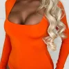 Women BY SWAN Tops<Girl Like Me Orange Square Neck Long Sleeve Bodysuit