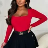 Women SOFT TOUCH Tops<Girl Like Me Red Square Neck Long Sleeve Bodysuit