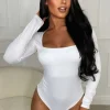 Women BY SWAN Tops<Girl Like Me White Square Neck Long Sleeve Bodysuit