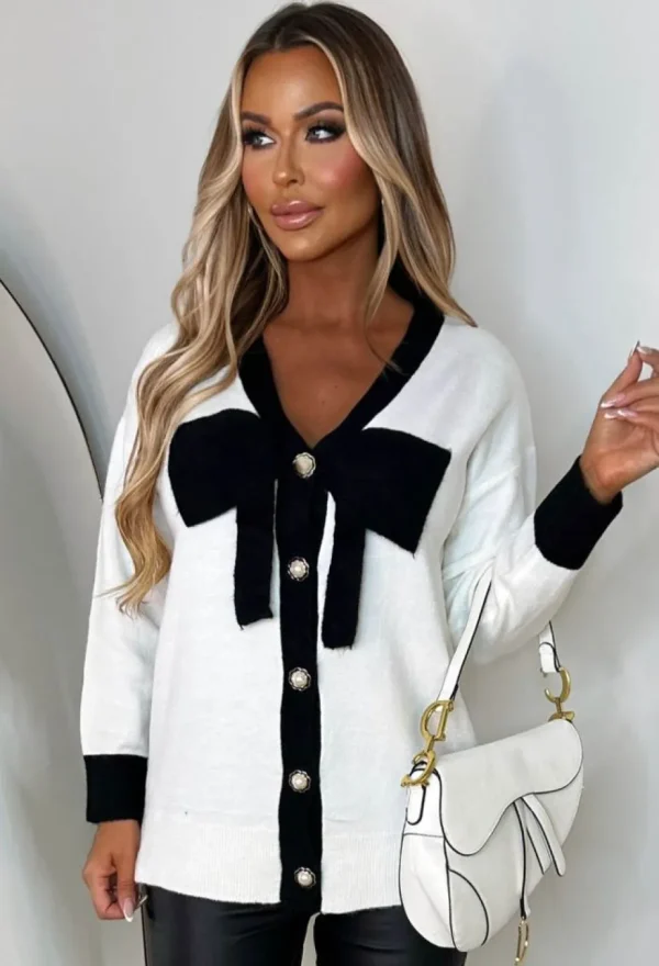 Women MOEWY Knitwear<Girl Material Cream Bow Button Cardigan