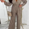 Women Lucce Jumpsuits<Give Me Glamour Gold Metallic Plisse Stretch Waist Long Sleeve Jumpsuit