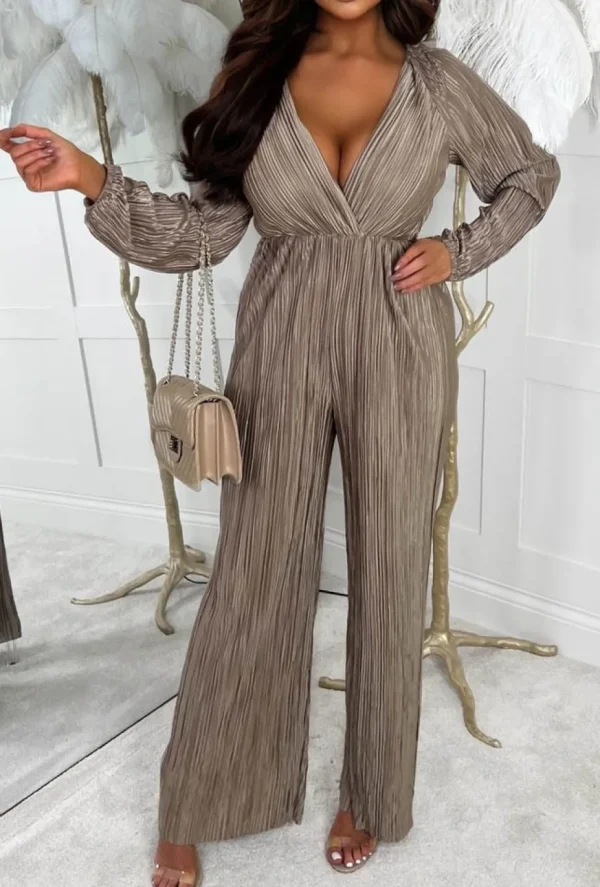 Women Lucce Jumpsuits<Give Me Glamour Gold Metallic Plisse Stretch Waist Long Sleeve Jumpsuit