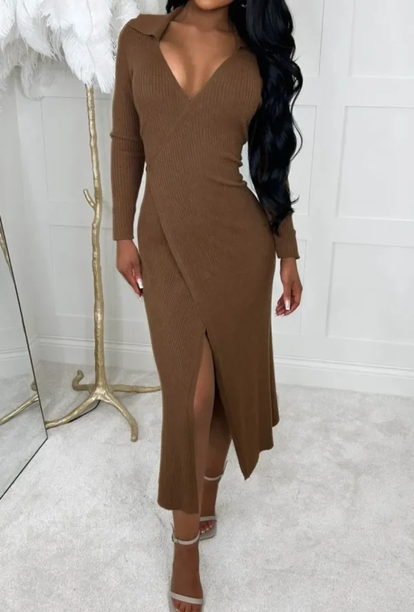 Women COPPEROSE Dresses<Glam Comfort Chocolate Brown Ultra Soft Long Sleeve Ribbed Knitted Wrap Midi Dress