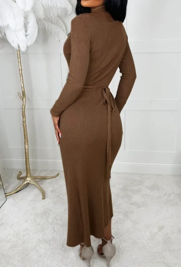 Women COPPEROSE Dresses<Glam Comfort Chocolate Brown Ultra Soft Long Sleeve Ribbed Knitted Wrap Midi Dress