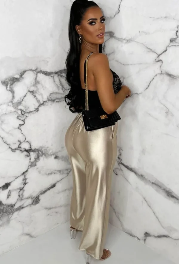 Women L'OLIVE VERTE Trousers & Leggings<Glam Lust Champagne Stretch Satin Elasticated Wide Leg Trousers Limited Edition