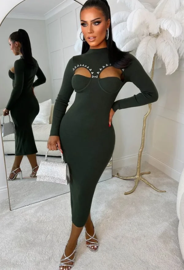 Women GOLDEN DAYS Dresses<Glamorous Chic Green Diamante Embellished Cut Out Bust Midi Dress Limited Edition