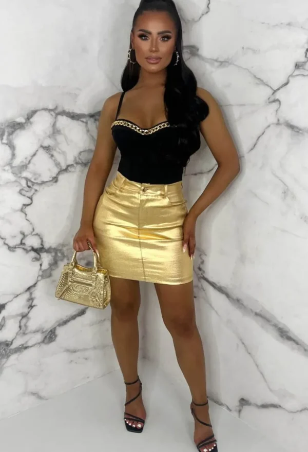 Women CHERRY KOKO Skirts<Golden Daze Gold Metallic Stretch Western Mini Skirt Limited Edition