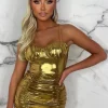 Women FLAM MODE Dresses<Golden Gala Gold Metallic Ruched Chain Strap Padded Cup Mini Dress Limited Edition