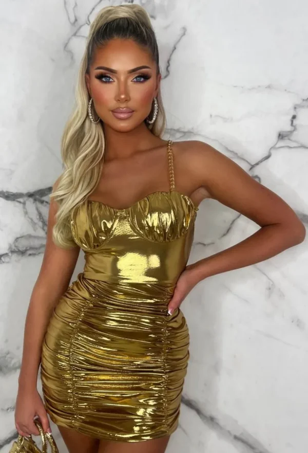 Women FLAM MODE Dresses<Golden Gala Gold Metallic Ruched Chain Strap Padded Cup Mini Dress Limited Edition