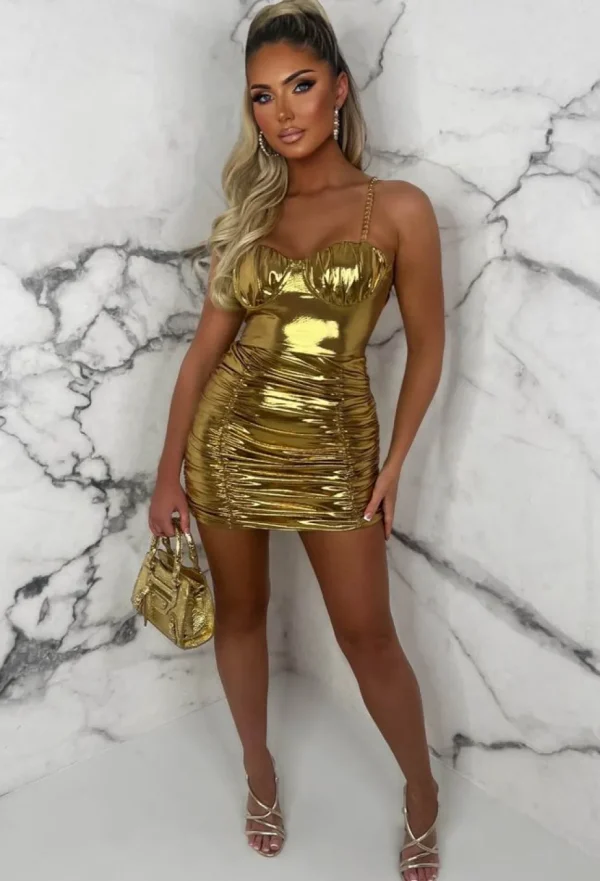 Women FLAM MODE Dresses<Golden Gala Gold Metallic Ruched Chain Strap Padded Cup Mini Dress Limited Edition