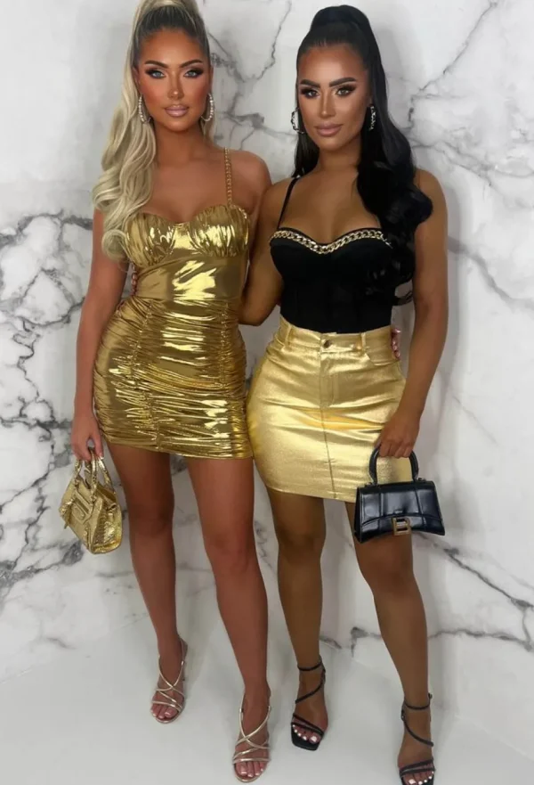 Women FLAM MODE Dresses<Golden Gala Gold Metallic Ruched Chain Strap Padded Cup Mini Dress Limited Edition