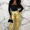 Women GOLD SK Trousers & Leggings<Golden Luxe Metallic Gold Ruched Toggle Cargo Trousers Limited Edition