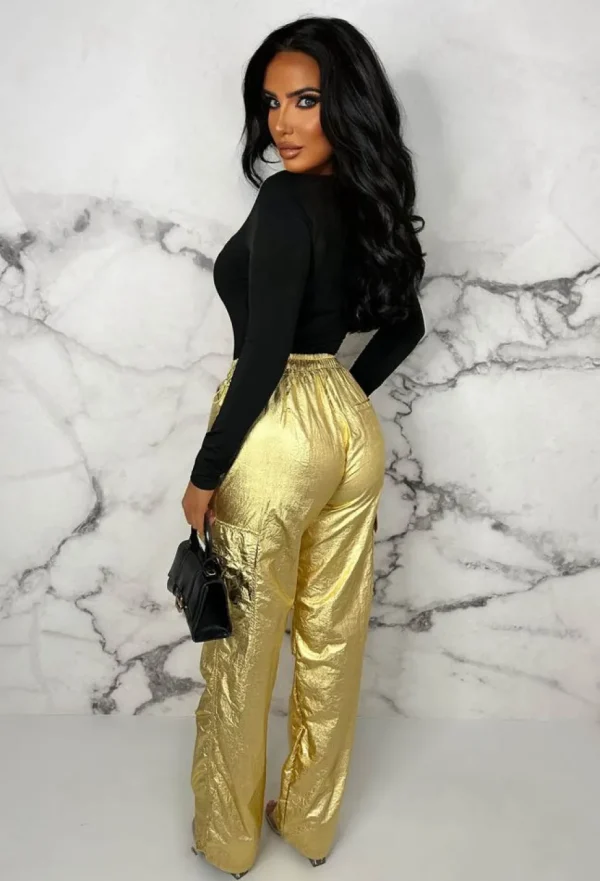 Women GOLD SK Trousers & Leggings<Golden Luxe Metallic Gold Ruched Toggle Cargo Trousers Limited Edition