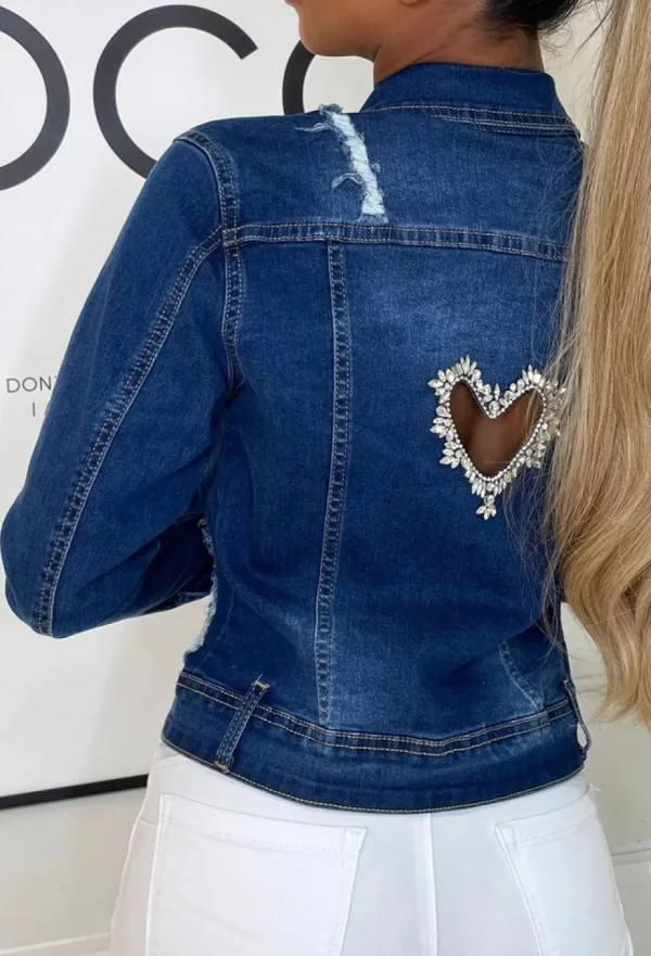 Women SKREEM Denim<Heart Felt Mid Blue Diamante Cut Out Heart Denim Jacket