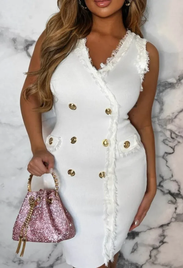 Women FLAM MODE Dresses<Hello Mademoiselle White Button Detail Sleeveless Knitted Dress