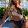 Women CONTINENTAL Swimwear<Holiday Queen Black One Shoulder Rose Gold Sequin Cut Out Swimsuit