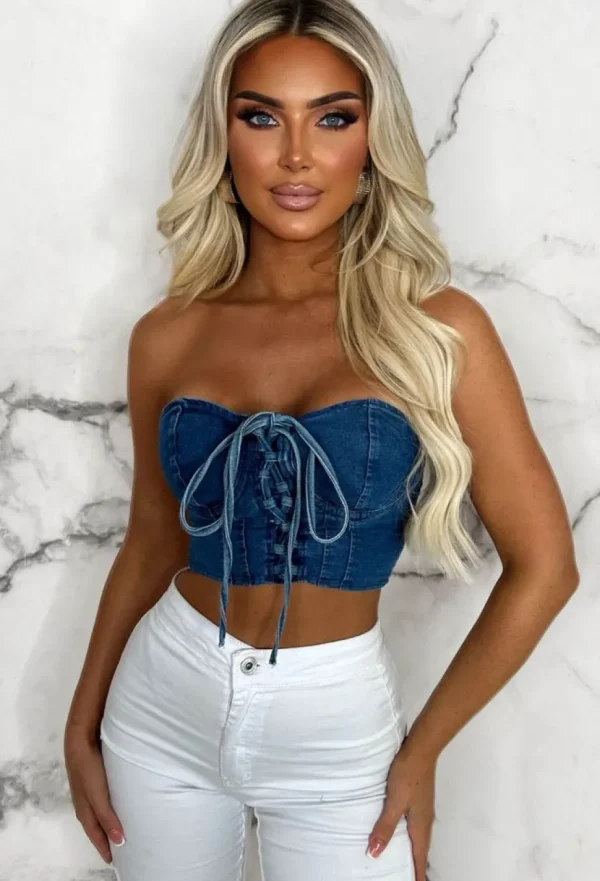 Women GIOGIA Tops<I Adore You Mid Blue Lace Up Stretch Bandeau Crop Top