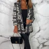 Women J5 FASHION Coats And Jackets<Iconic Diva Black Monogram Shawl Neck Ruched Sleeve Printed Blazer