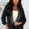 Women J5 FASHION Coats And Jackets<Iconic Illusion Black Faux Leather Trim Shawl Neck Ruched Sleeve Blazer