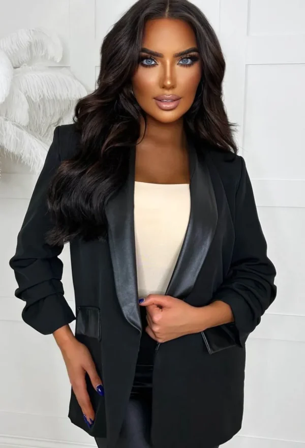 Women J5 FASHION Coats And Jackets<Iconic Illusion Black Faux Leather Trim Shawl Neck Ruched Sleeve Blazer